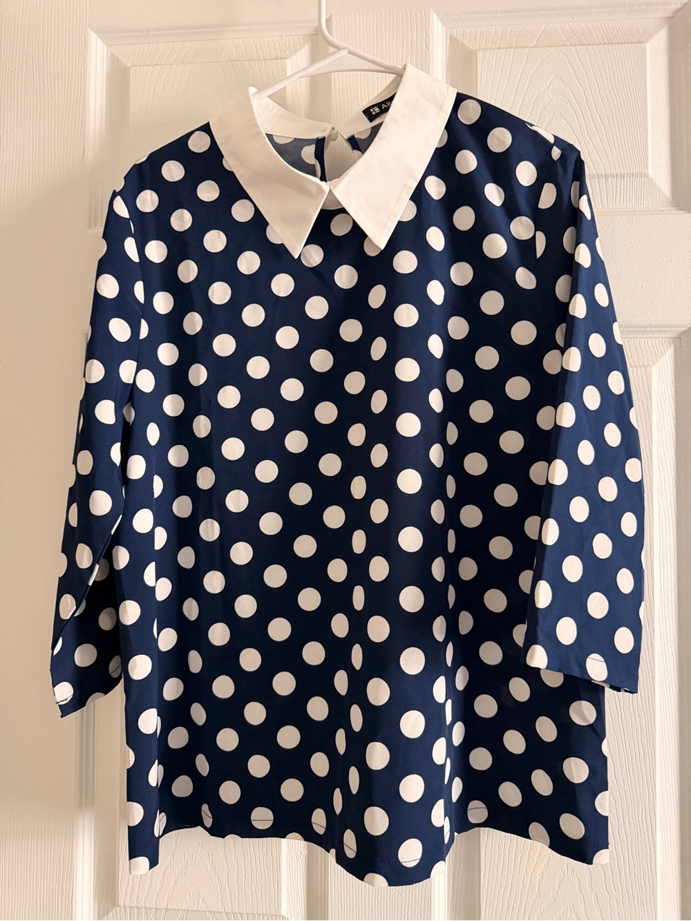 Allegra K Navy Polka Dot Blouse with White Dots
